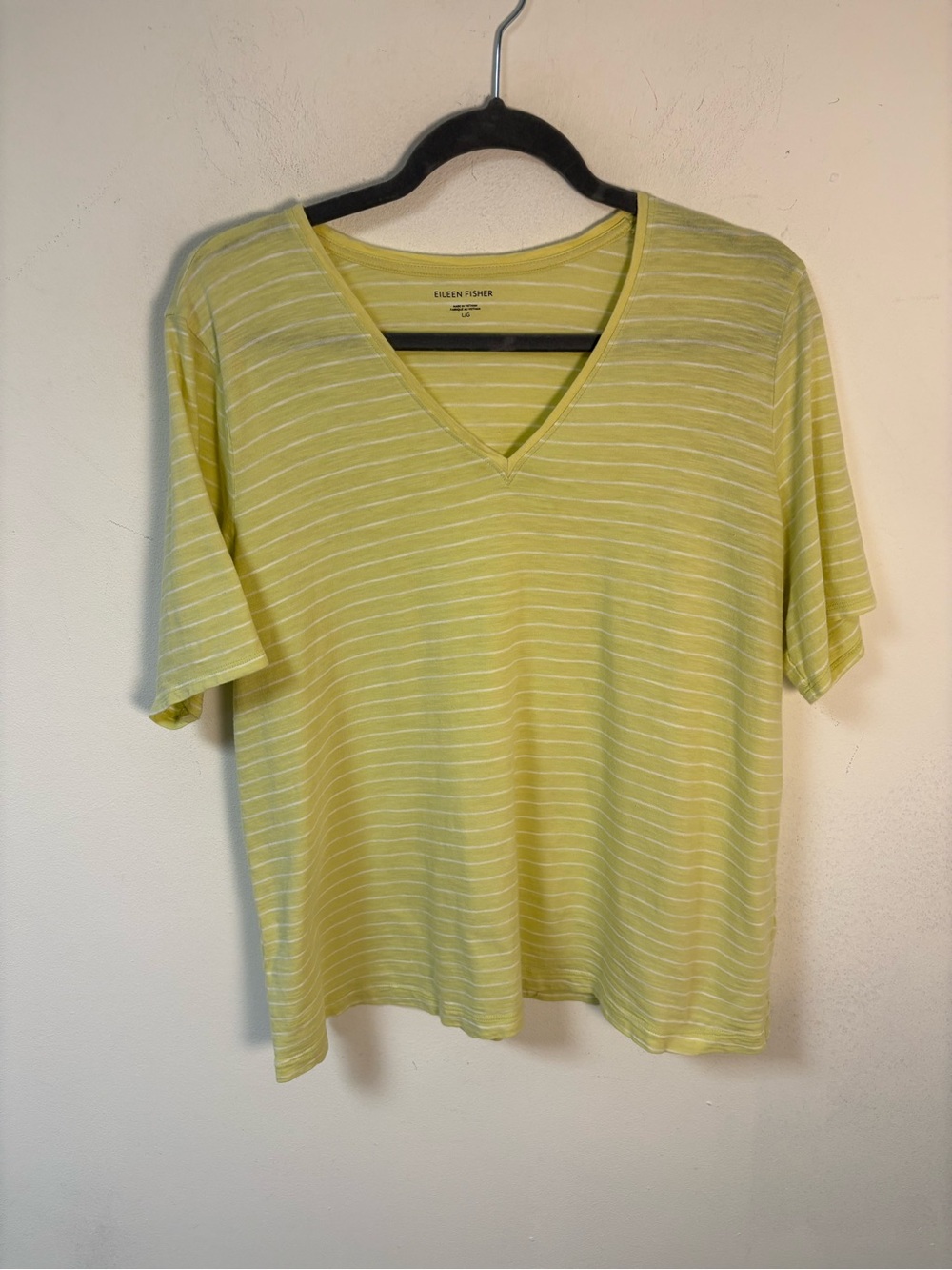 EILEEN FISHER Lemon Striped V-Neck Women's Top Organic Cotton Large